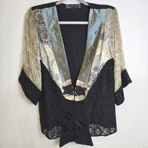 Vtg Spencer Alexis Silk Blend Kimono‎ Blouse, Lace Turquoise Beads, M, J55GEO